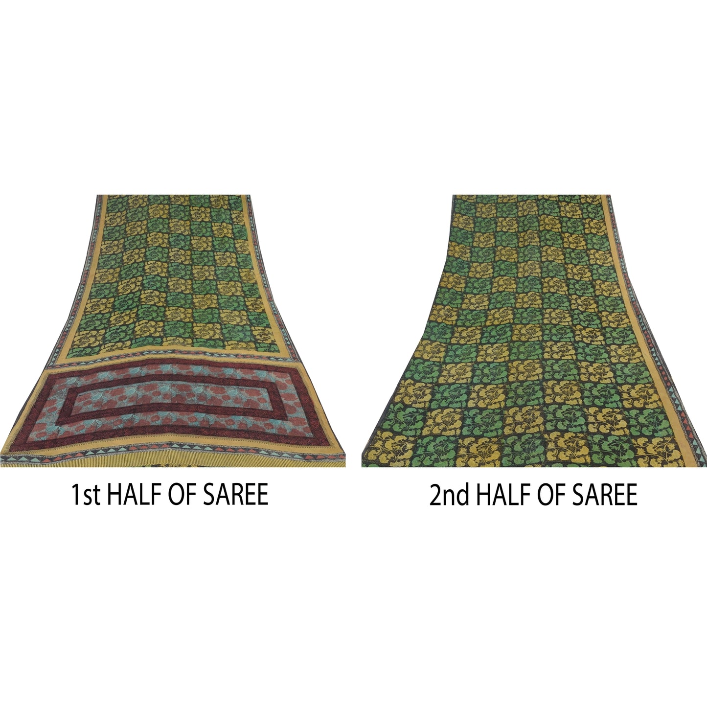 Sanskriti Vintage Sarees Black/Green Pure Georgette Silk Print Sari Craft Sustainable Fabric