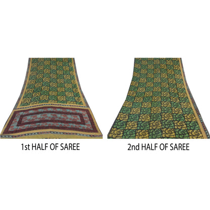 Sanskriti Vintage Sarees Black/Green Pure Georgette Silk Print Sari Craft Sustainable Fabric