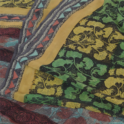 Sanskriti Vintage Sarees Black/Green Pure Georgette Silk Print Sari Craft Sustainable Fabric