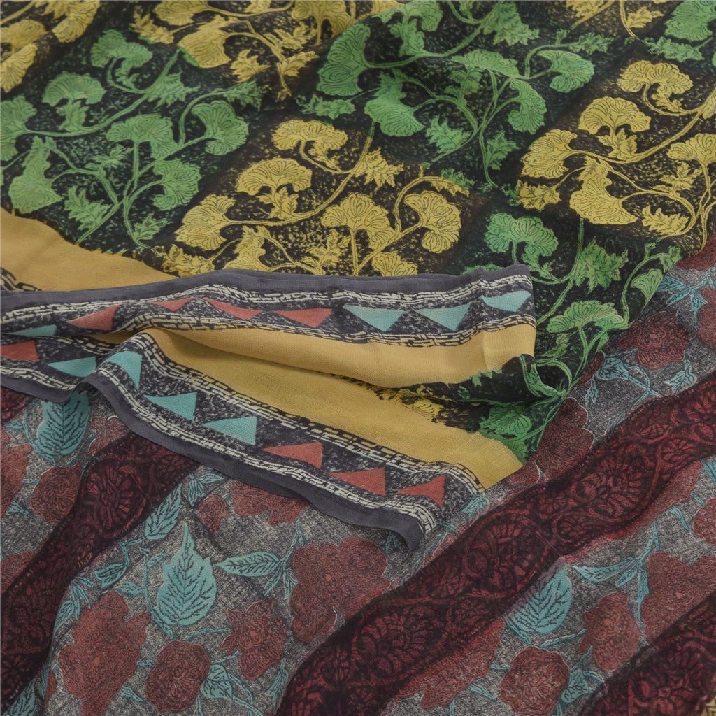Sanskriti Vintage Sarees Black/Green Pure Georgette Silk Print Sari Craft Sustainable Fabric