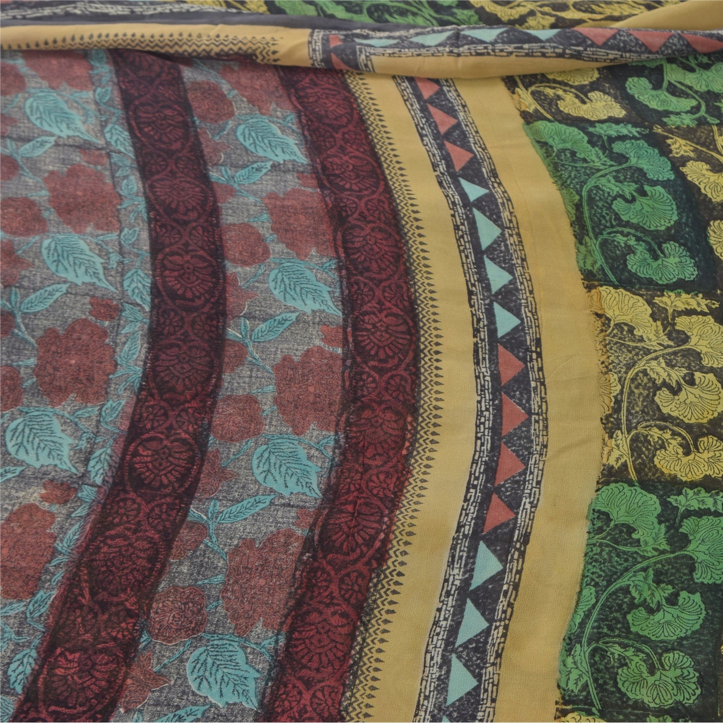 Sanskriti Vintage Sarees Black/Green Pure Georgette Silk Print Sari Craft Sustainable Fabric