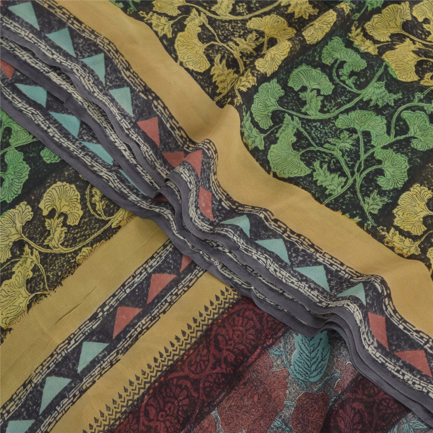 Sanskriti Vintage Sarees Black/Green Pure Georgette Silk Print Sari Craft Sustainable Fabric