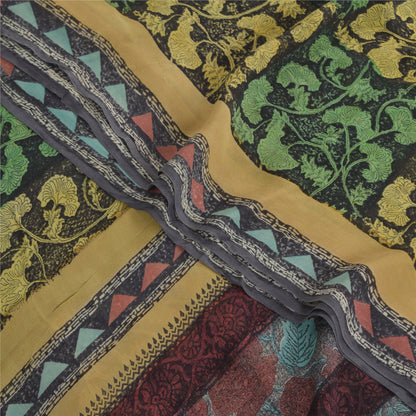Sanskriti Vintage Sarees Black/Green Pure Georgette Silk Print Sari Craft Sustainable Fabric