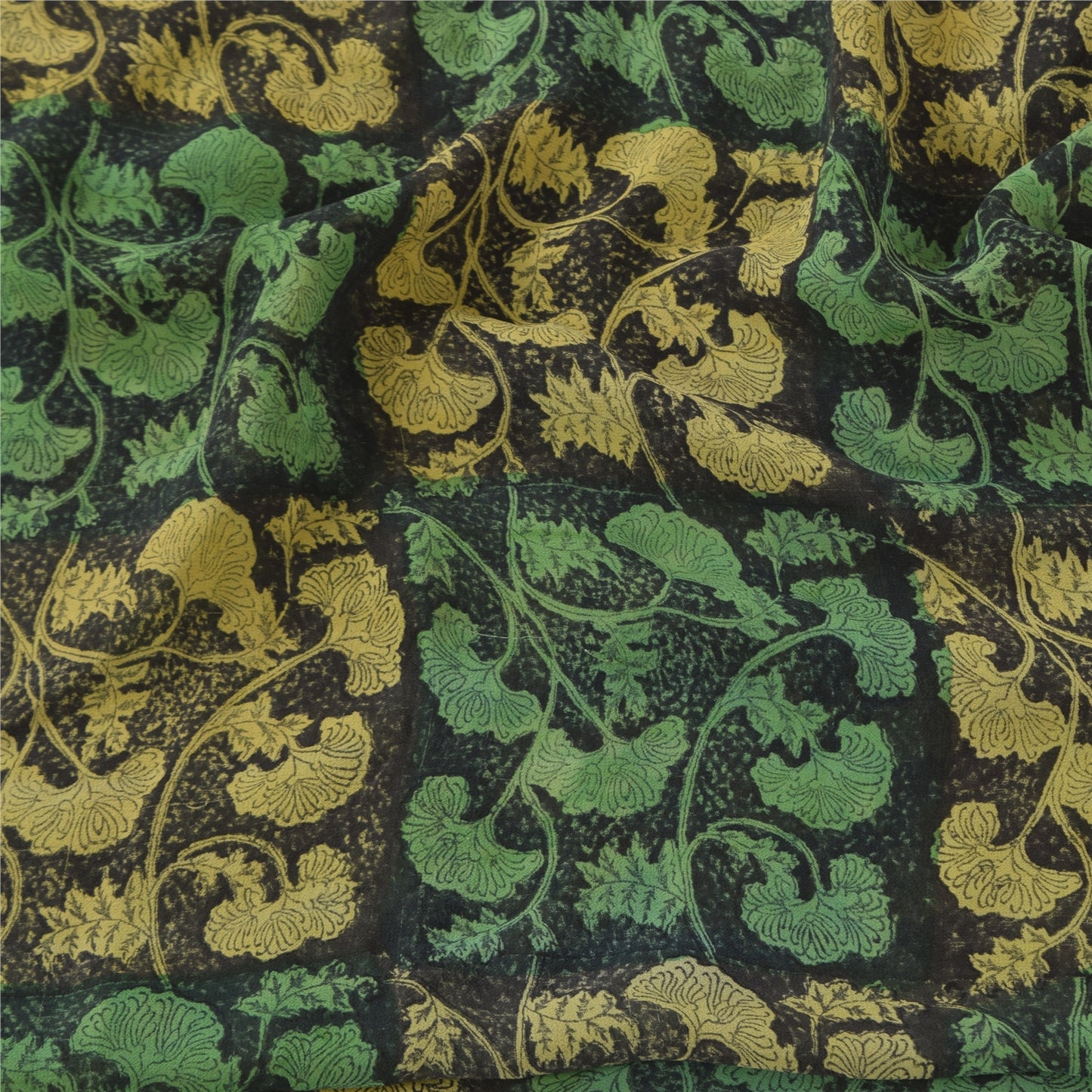 Sanskriti Vintage Sarees Black/Green Pure Georgette Silk Print Sari Craft Sustainable Fabric