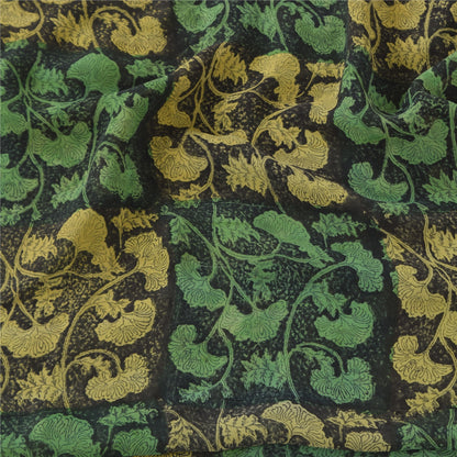 Sanskriti Vintage Sarees Black/Green Pure Georgette Silk Print Sari Craft Sustainable Fabric