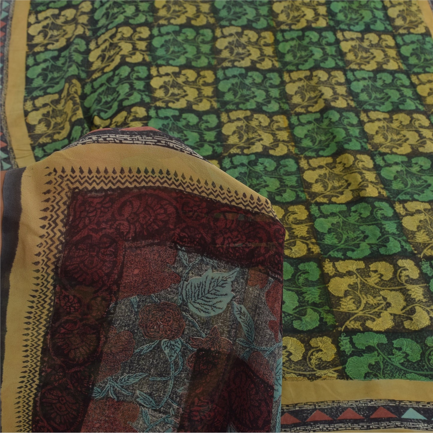 Sanskriti Vintage Sarees Black/Green Pure Georgette Silk Print Sari Craft Sustainable Fabric