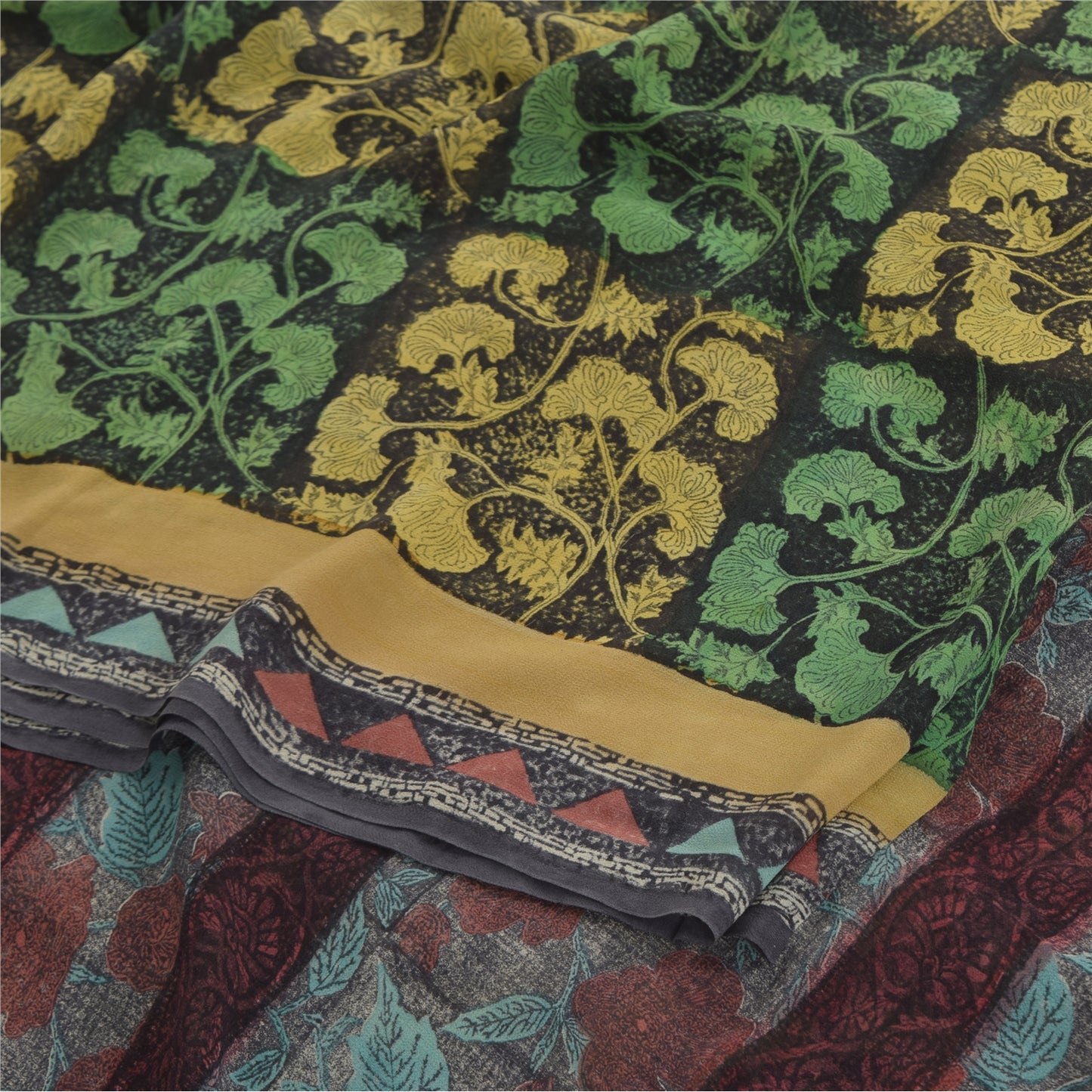Sanskriti Vintage Sarees Black/Green Pure Georgette Silk Print Sari Craft Sustainable Fabric
