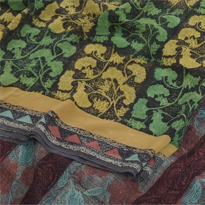 Sanskriti Vintage Sarees Black/Green Pure Georgette Silk Print Sari Craft Sustainable Fabric