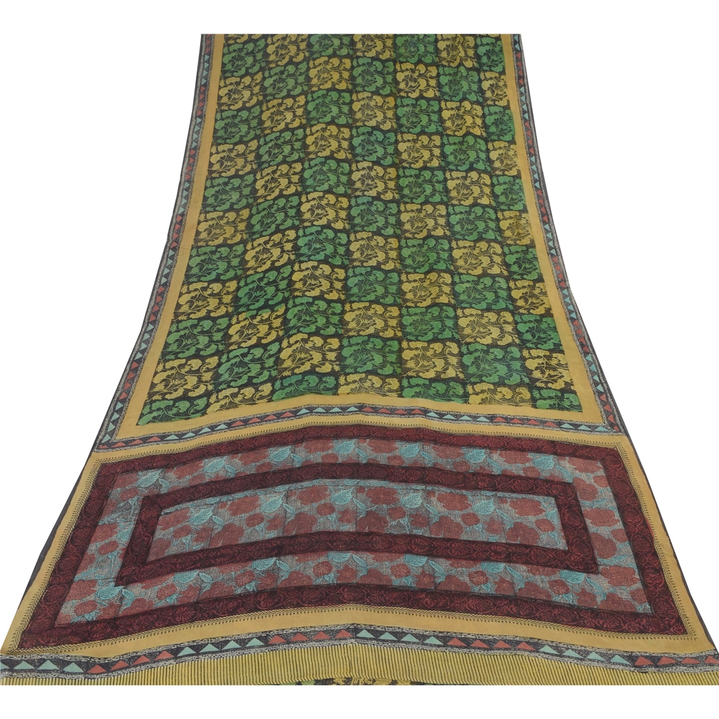 Sanskriti Vintage Sarees Black/Green Pure Georgette Silk Print Sari Craft Sustainable Fabric