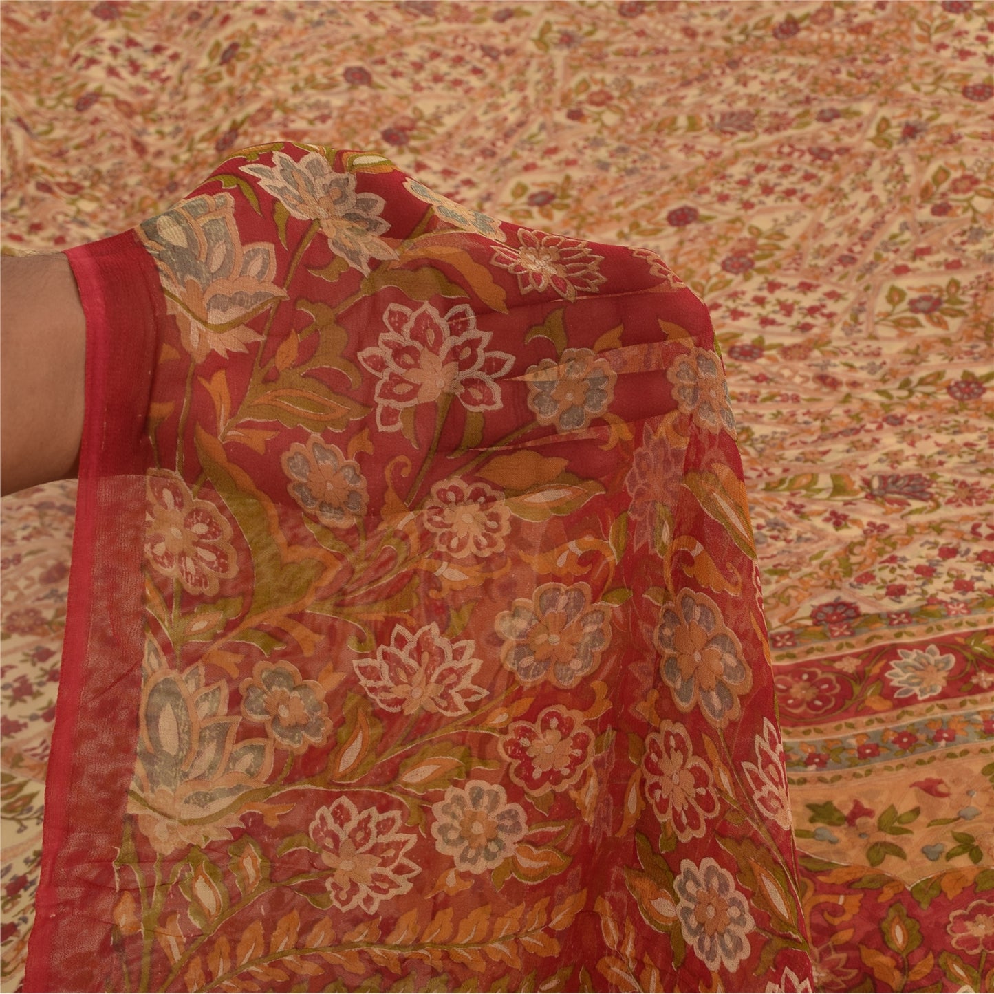 Sanskriti Vintage Sarees Peach Pure Georgette Silk Printed Sari 5yd Craft Fabric