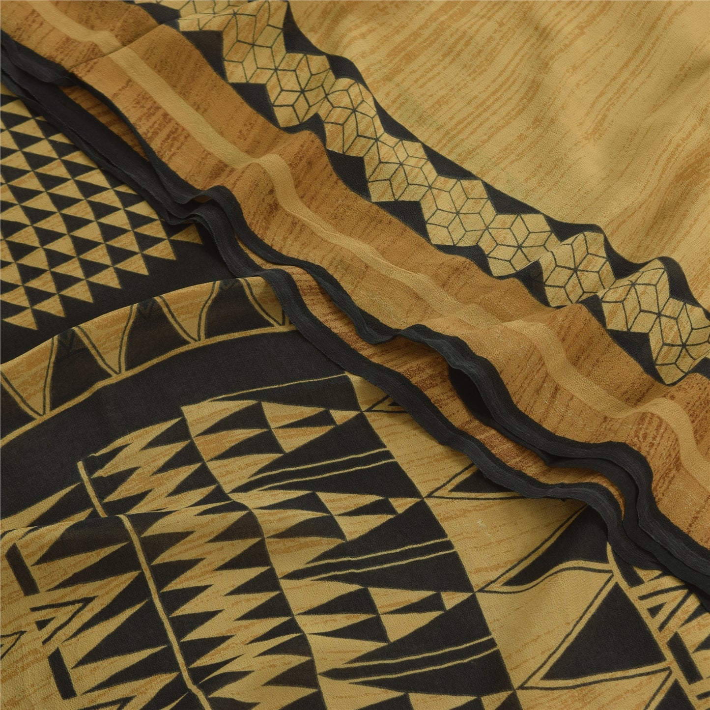 Sanskriti Vintage Sarees Black/Beige Pure Georgette Silk Printed Sari 5yd Sustainable Fabric