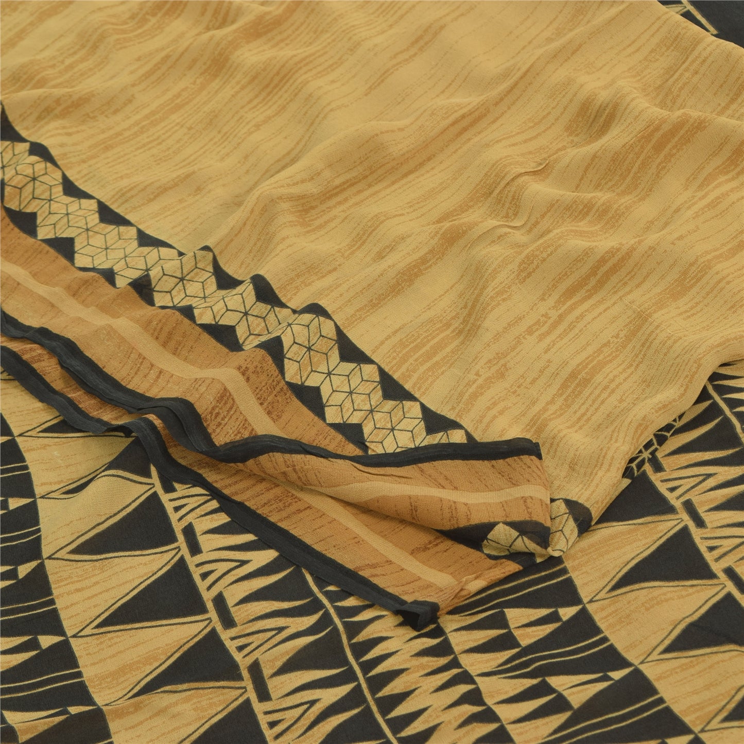 Sanskriti Vintage Sarees Black/Beige Pure Georgette Silk Printed Sari 5yd Sustainable Fabric