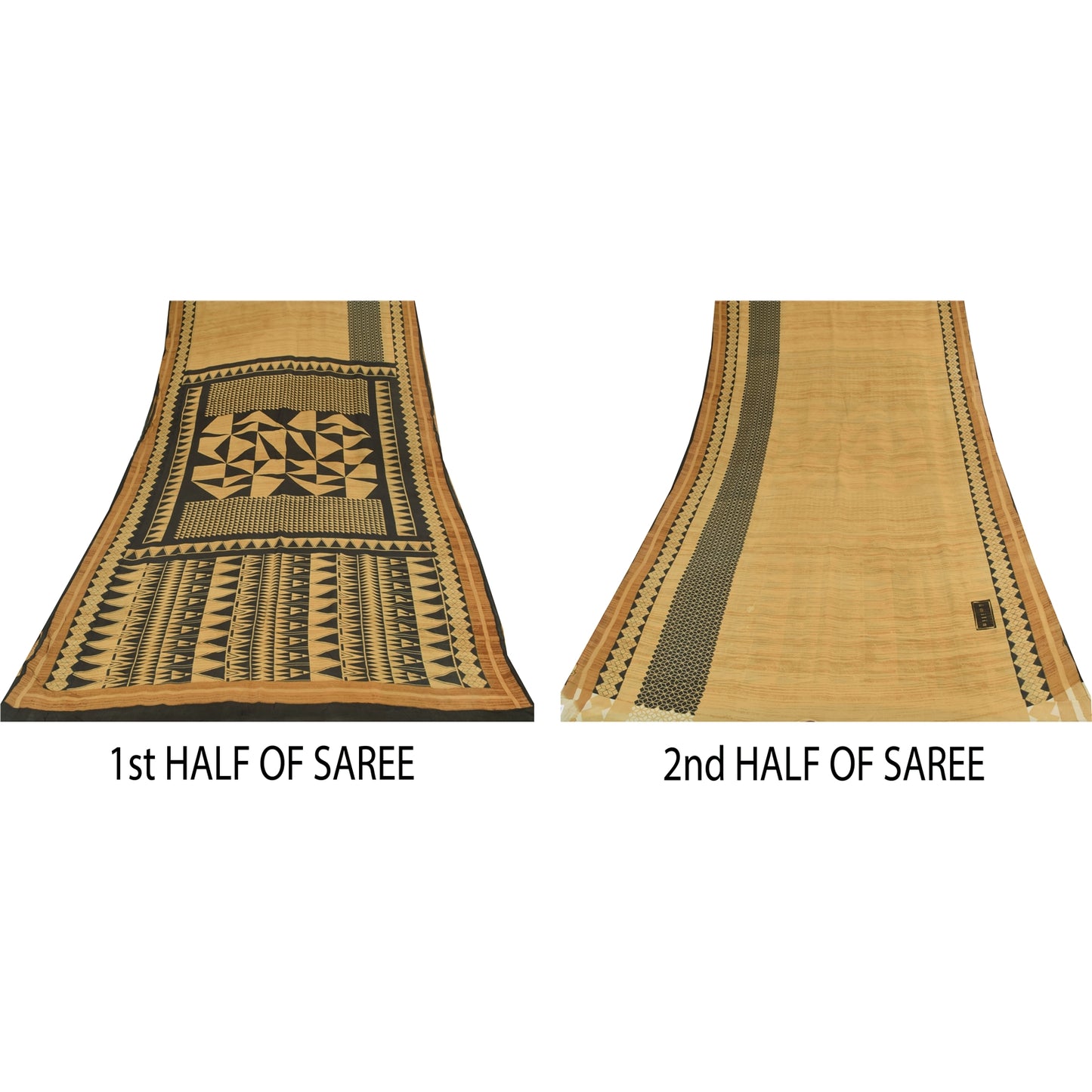 Sanskriti Vintage Sarees Black/Beige Pure Georgette Silk Printed Sari 5yd Sustainable Fabric