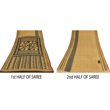 Sanskriti Vintage Sarees Black/Beige Pure Georgette Silk Printed Sari 5yd Sustainable Fabric