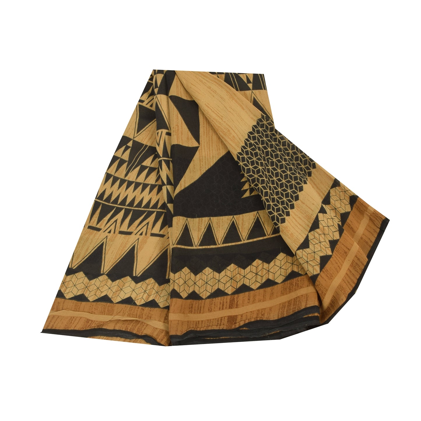 Sanskriti Vintage Sarees Black/Beige Pure Georgette Silk Printed Sari 5yd Sustainable Fabric