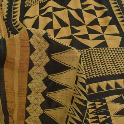 Sanskriti Vintage Sarees Black/Beige Pure Georgette Silk Printed Sari 5yd Sustainable Fabric