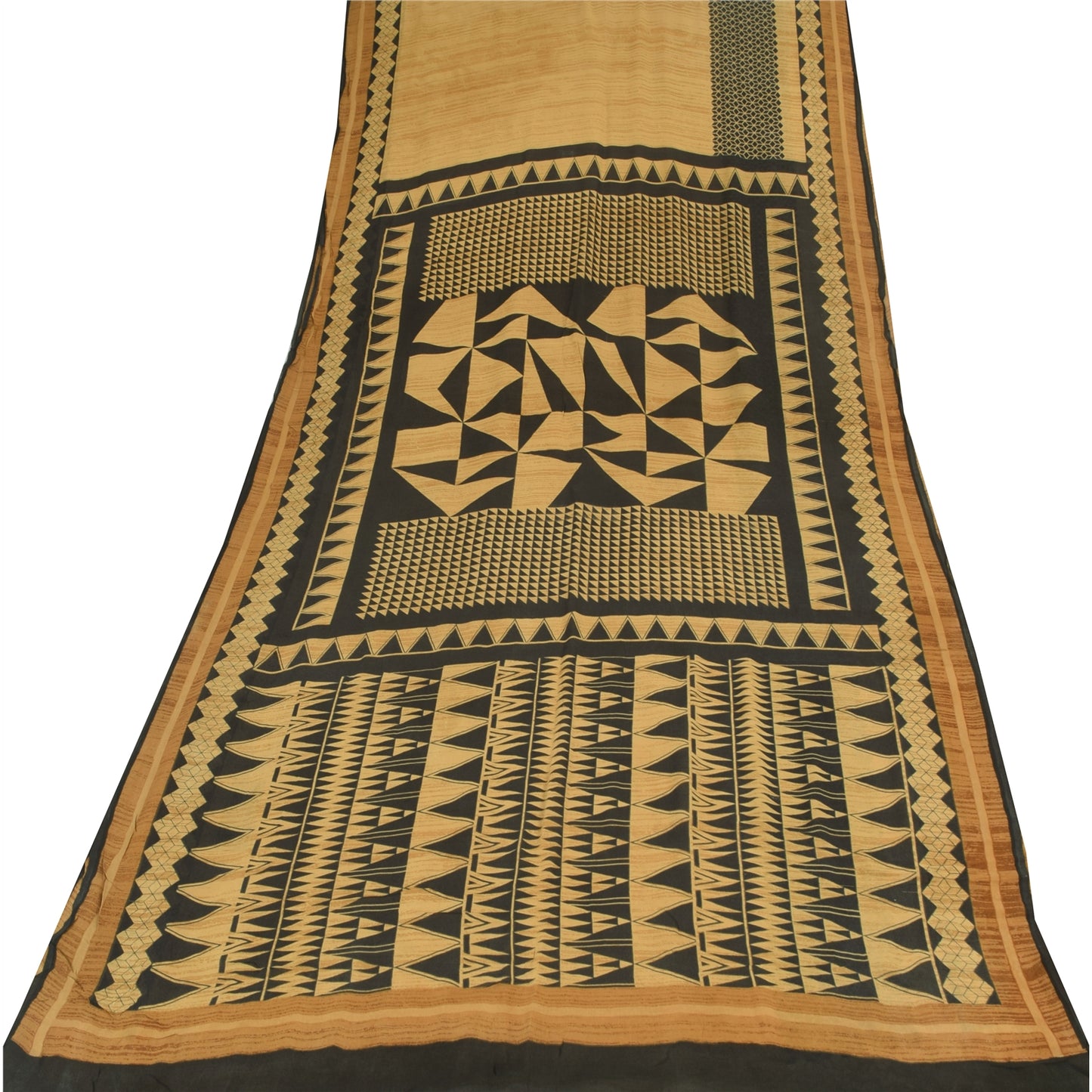 Sanskriti Vintage Sarees Black/Beige Pure Georgette Silk Printed Sari 5yd Sustainable Fabric