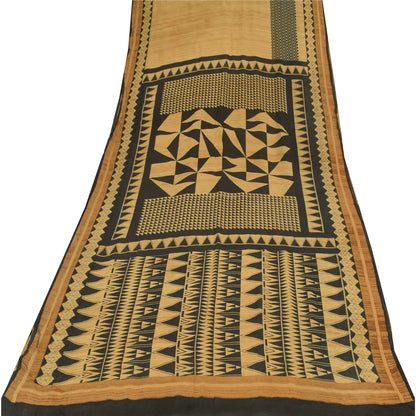 Sanskriti Vintage Sarees Black/Beige Pure Georgette Silk Printed Sari 5yd Sustainable Fabric