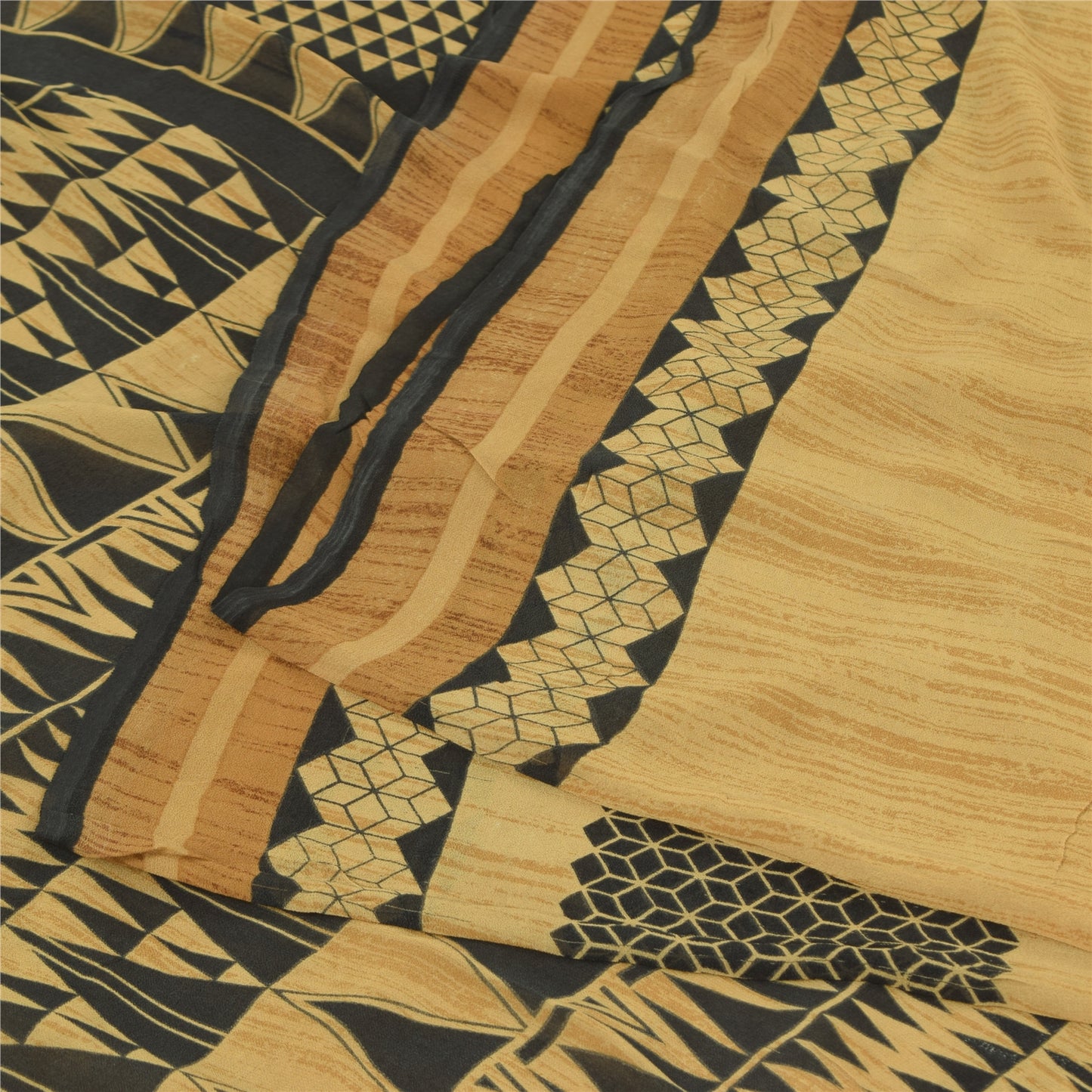 Sanskriti Vintage Sarees Black/Beige Pure Georgette Silk Printed Sari 5yd Sustainable Fabric