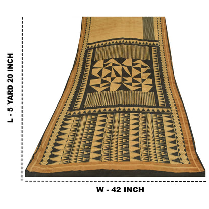 Sanskriti Vintage Sarees Black/Beige Pure Georgette Silk Printed Sari 5yd Sustainable Fabric