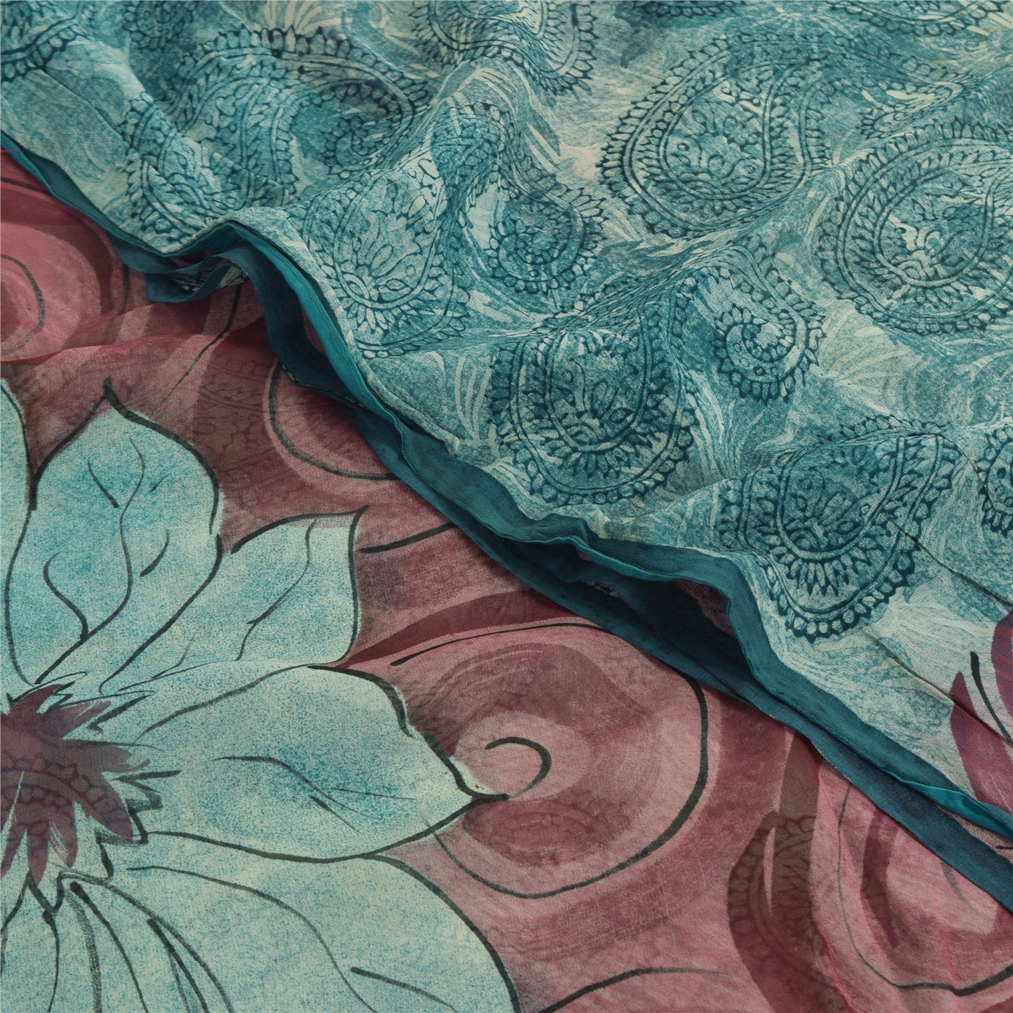 Sanskriti Vintage Sarees Sea-Blue Pure Georgette Silk Printed Sari Craft Sustainable Fabric