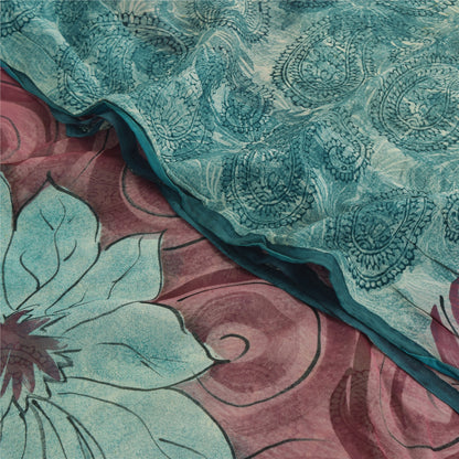 Sanskriti Vintage Sarees Sea-Blue Pure Georgette Silk Printed Sari Craft Sustainable Fabric
