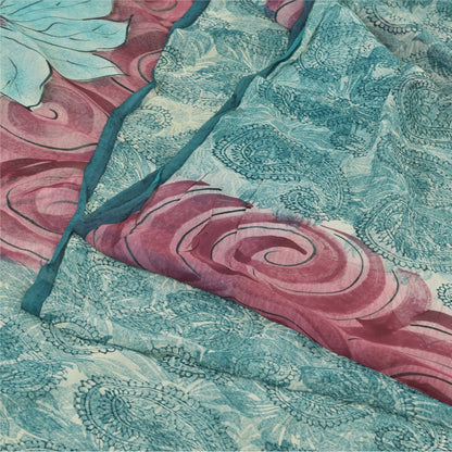 Sanskriti Vintage Sarees Sea-Blue Pure Georgette Silk Printed Sari Craft Sustainable Fabric