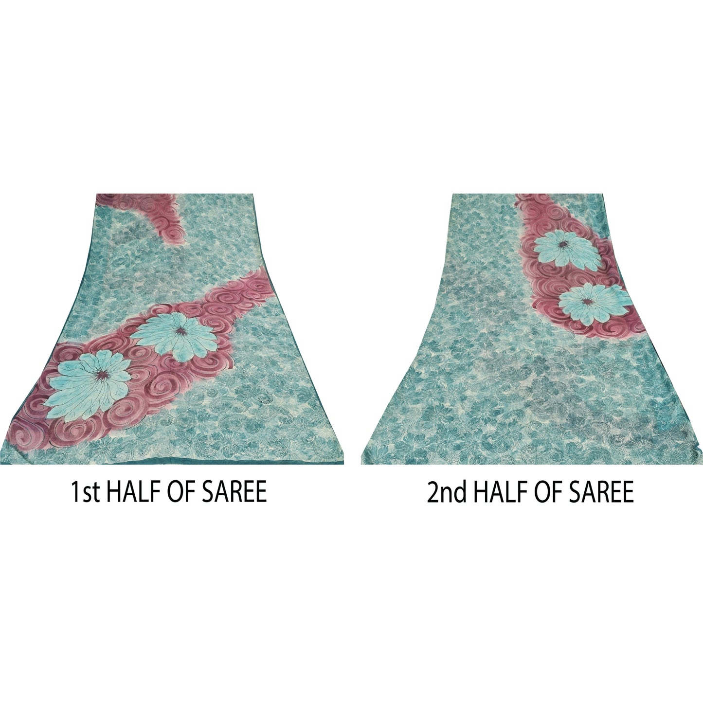 Sanskriti Vintage Sarees Sea-Blue Pure Georgette Silk Printed Sari Craft Sustainable Fabric