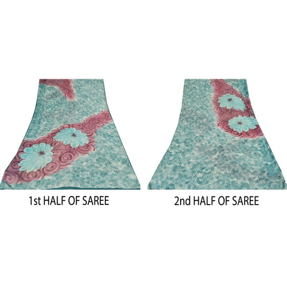 Sanskriti Vintage Sarees Sea-Blue Pure Georgette Silk Printed Sari Craft Sustainable Fabric