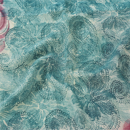Sanskriti Vintage Sarees Sea-Blue Pure Georgette Silk Printed Sari Craft Sustainable Fabric