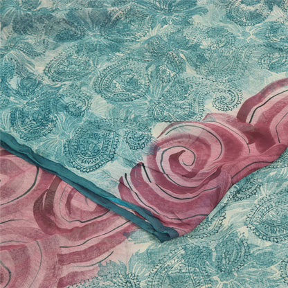 Sanskriti Vintage Sarees Sea-Blue Pure Georgette Silk Printed Sari Craft Sustainable Fabric