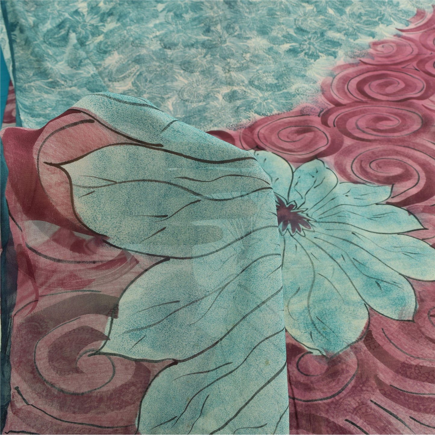 Sanskriti Vintage Sarees Sea-Blue Pure Georgette Silk Printed Sari Craft Sustainable Fabric