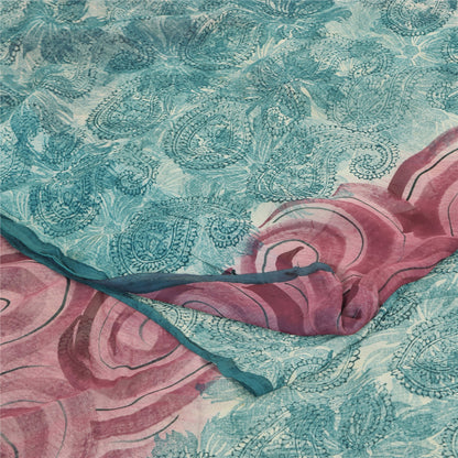 Sanskriti Vintage Sarees Sea-Blue Pure Georgette Silk Printed Sari Craft Sustainable Fabric