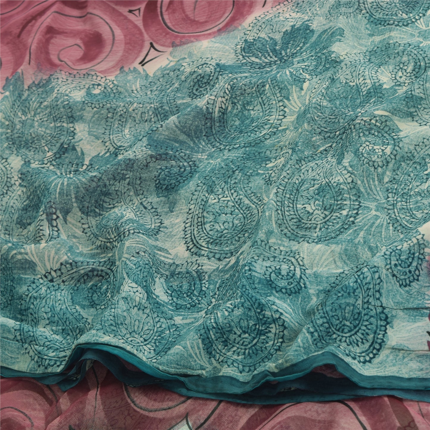 Sanskriti Vintage Sarees Sea-Blue Pure Georgette Silk Printed Sari Craft Sustainable Fabric