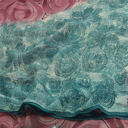 Sanskriti Vintage Sarees Sea-Blue Pure Georgette Silk Printed Sari Craft Sustainable Fabric