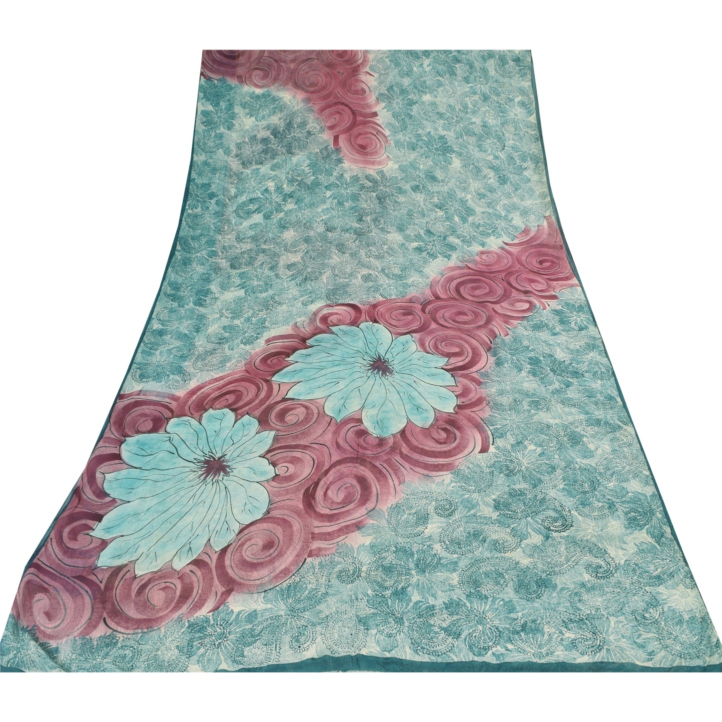 Sanskriti Vintage Sarees Sea-Blue Pure Georgette Silk Printed Sari Craft Sustainable Fabric