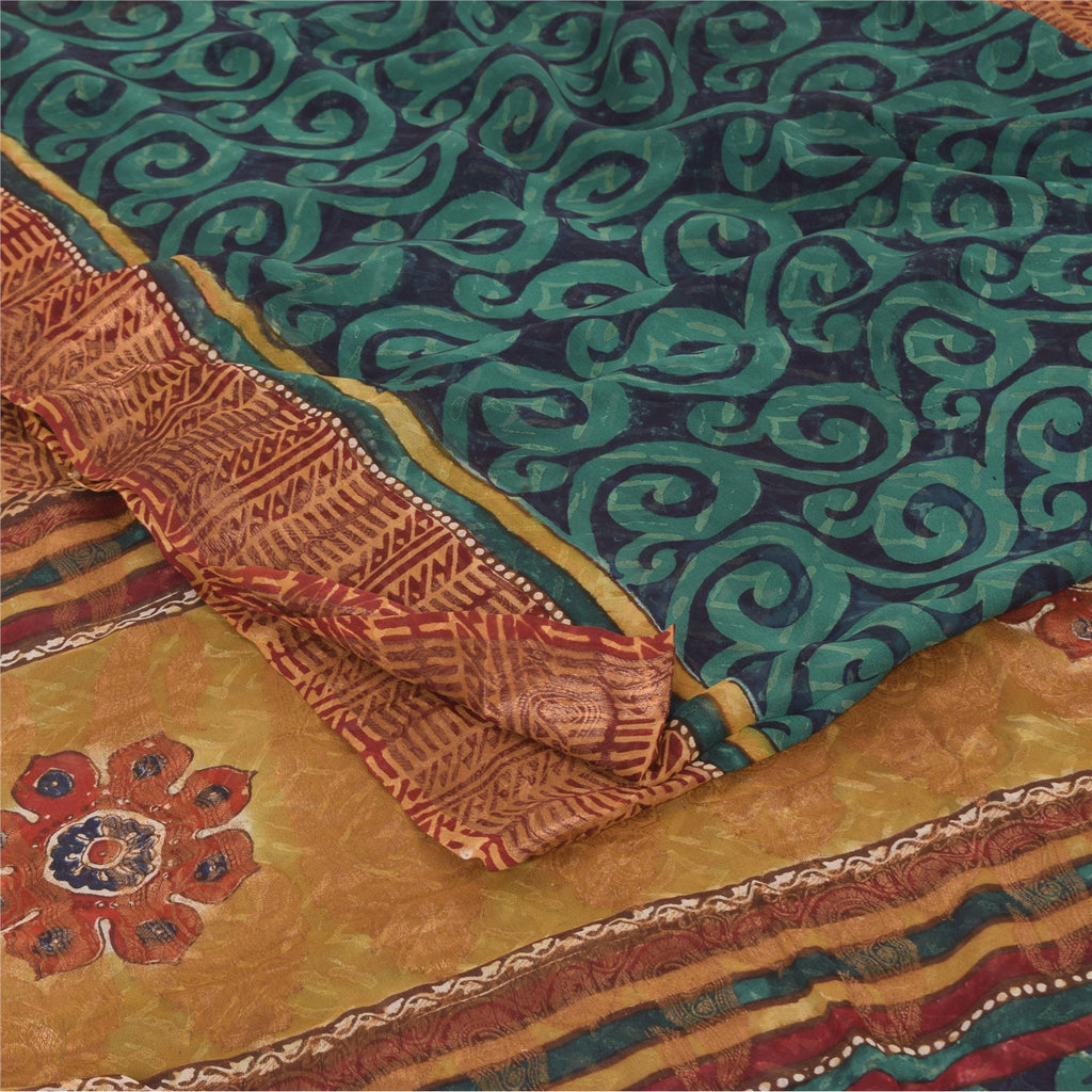 Sanskriti Vintage Sarees Green/Orange Pure Georgette Silk Print Sari 5yd Sustainable Fabric
