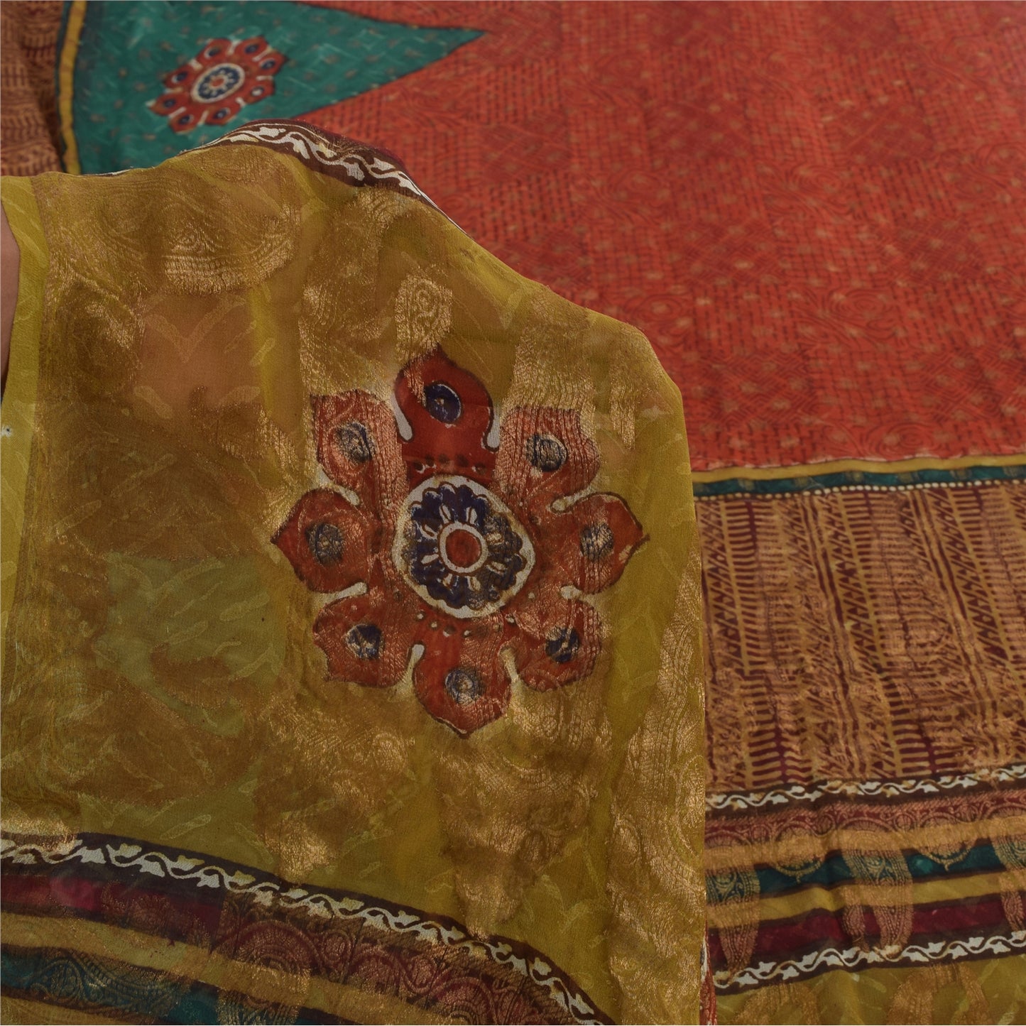 Sanskriti Vintage Sarees Green/Orange Pure Georgette Silk Print Sari 5yd Sustainable Fabric