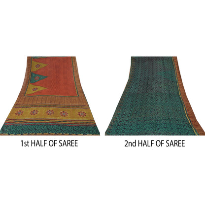 Sanskriti Vintage Sarees Green/Orange Pure Georgette Silk Print Sari 5yd Sustainable Fabric