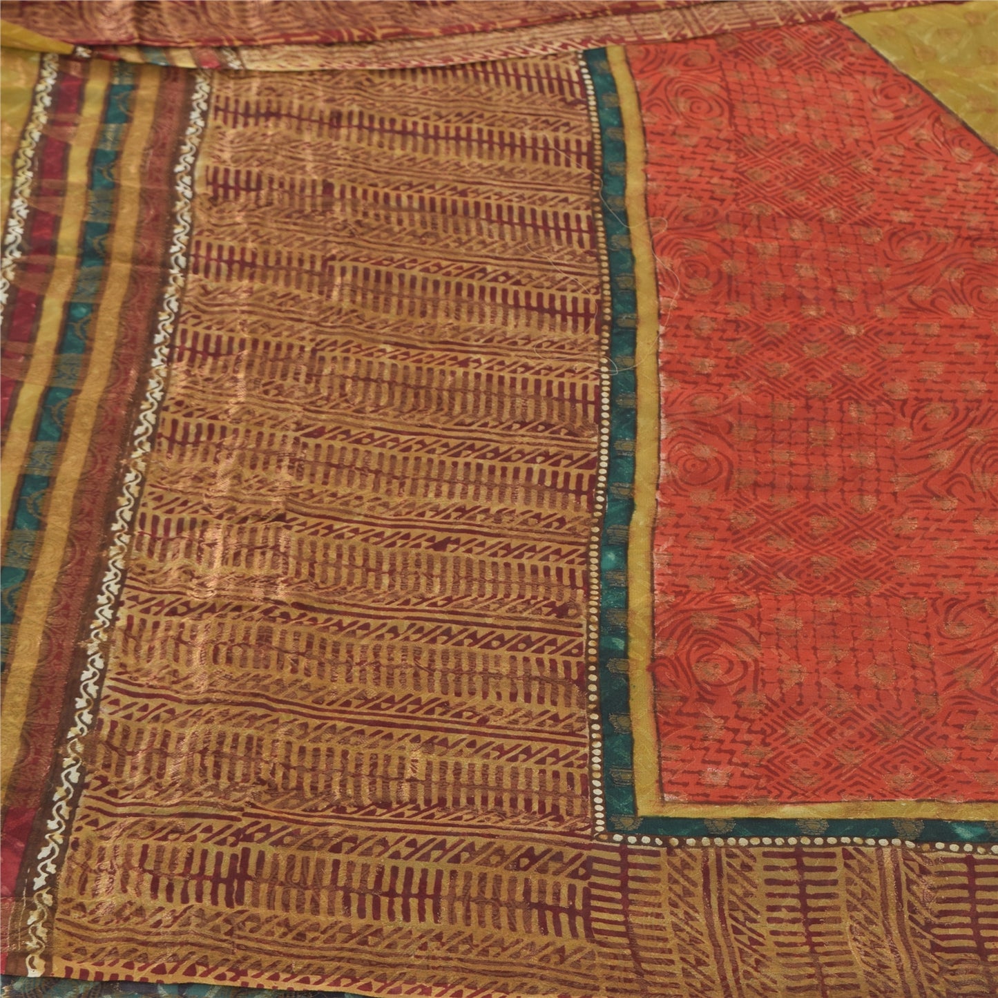 Sanskriti Vintage Sarees Green/Orange Pure Georgette Silk Print Sari 5yd Sustainable Fabric