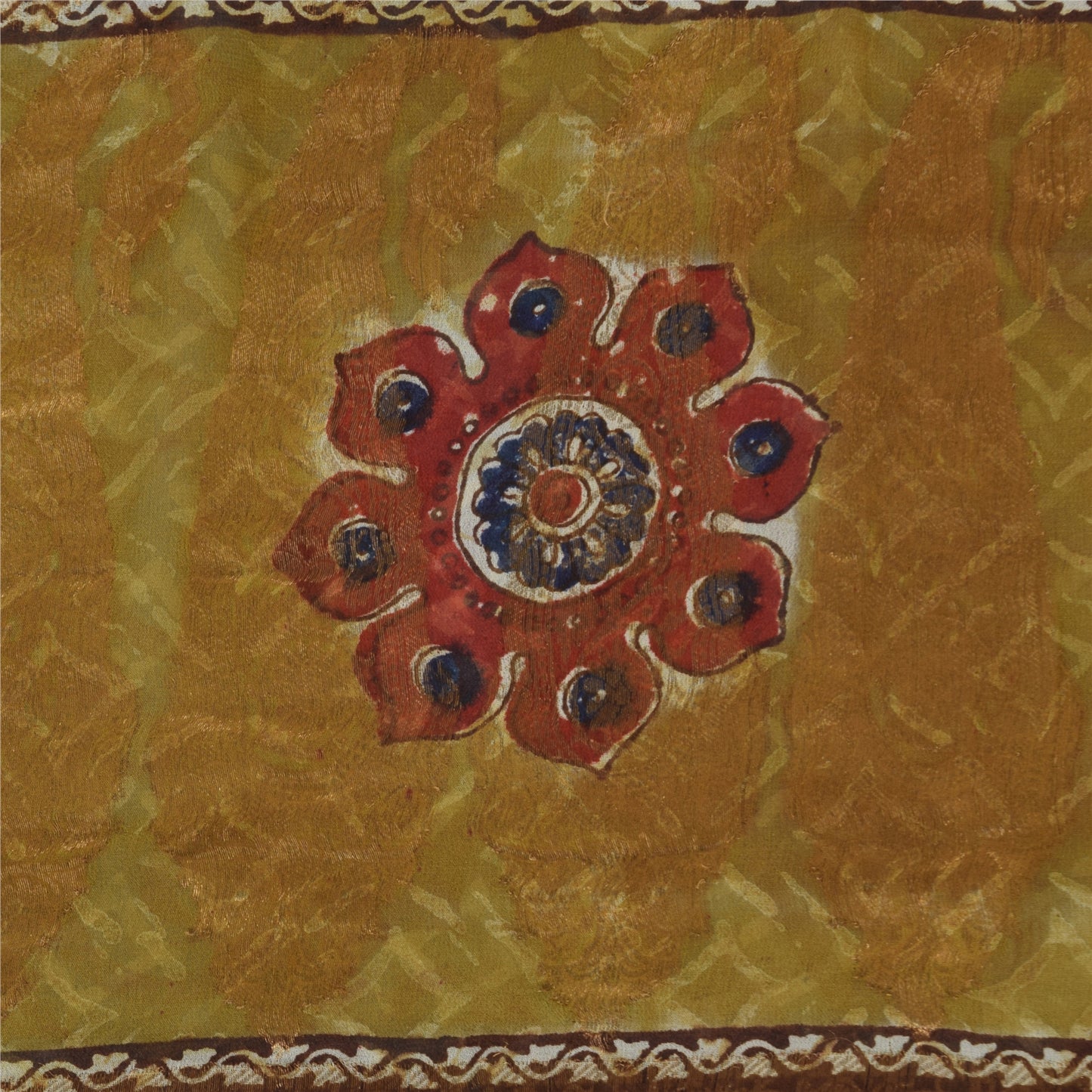 Sanskriti Vintage Sarees Green/Orange Pure Georgette Silk Print Sari 5yd Sustainable Fabric