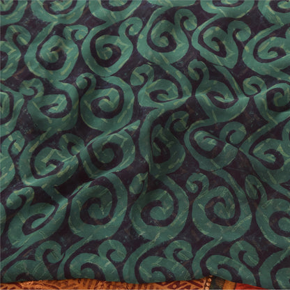 Sanskriti Vintage Sarees Green/Orange Pure Georgette Silk Print Sari 5yd Sustainable Fabric