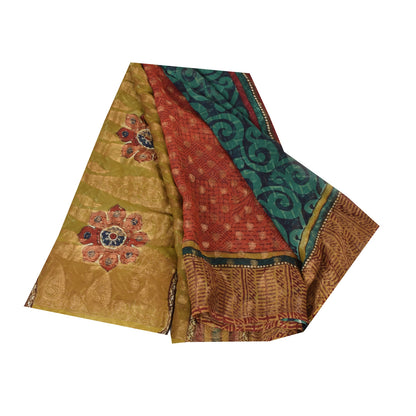 Sanskriti Vintage Sarees Green/Orange Pure Georgette Silk Print Sari 5yd Sustainable Fabric