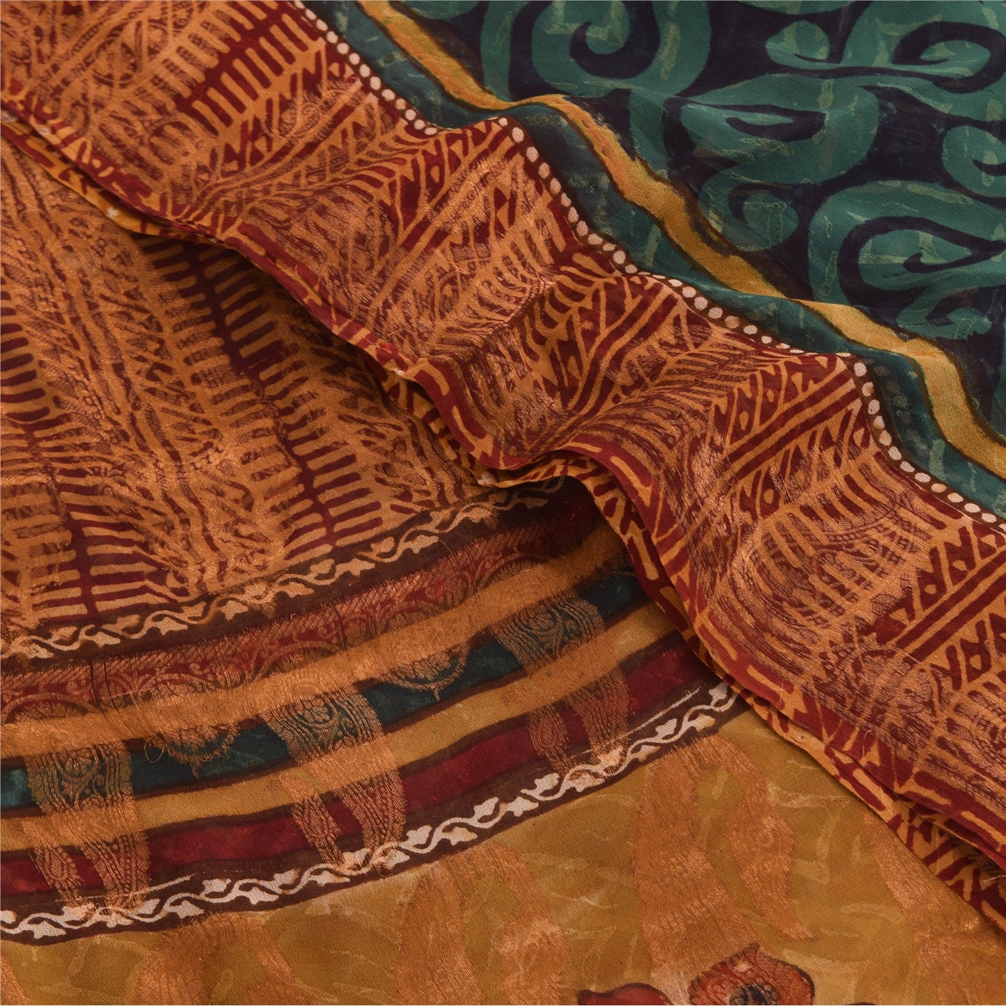 Sanskriti Vintage Sarees Green/Orange Pure Georgette Silk Print Sari 5yd Sustainable Fabric