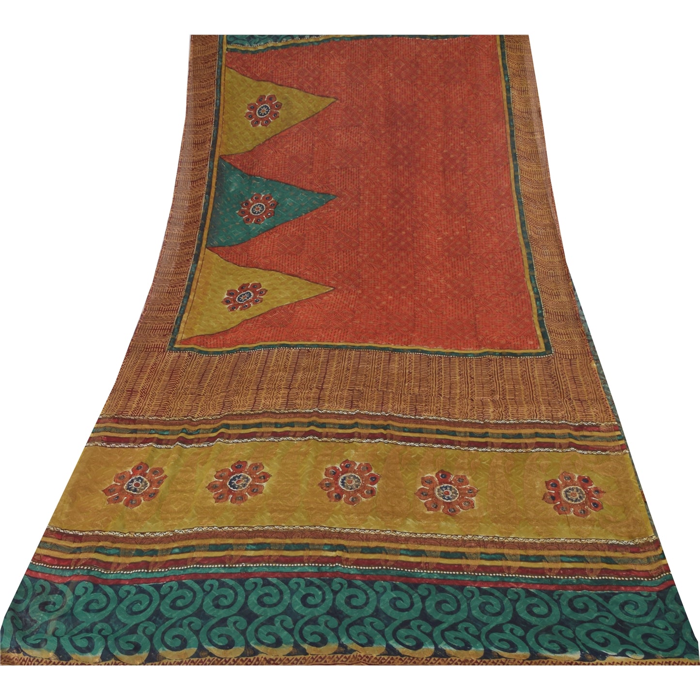 Sanskriti Vintage Sarees Green/Orange Pure Georgette Silk Print Sari 5yd Sustainable Fabric