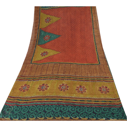 Sanskriti Vintage Sarees Green/Orange Pure Georgette Silk Print Sari 5yd Sustainable Fabric
