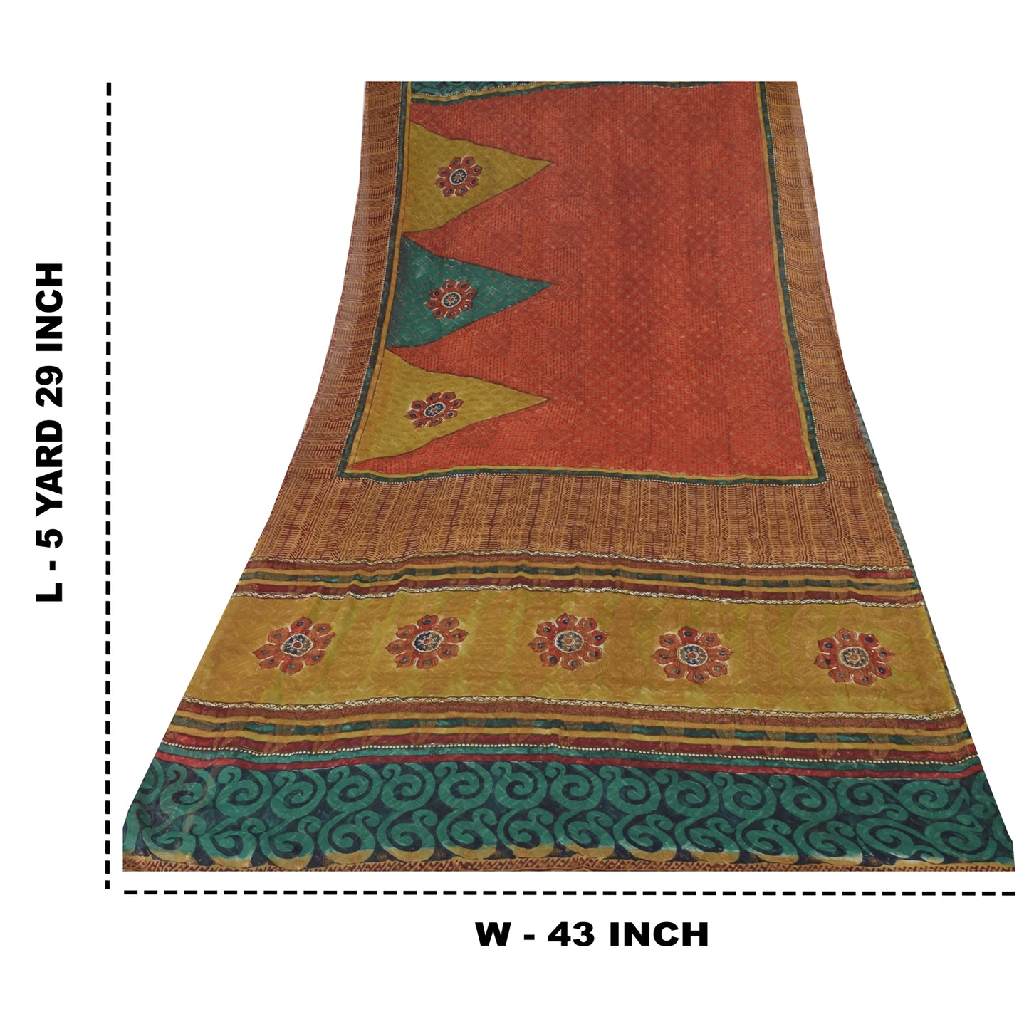 Sanskriti Vintage Sarees Green/Orange Pure Georgette Silk Print Sari 5yd Sustainable Fabric