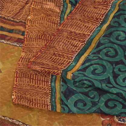 Sanskriti Vintage Sarees Green/Orange Pure Georgette Silk Print Sari 5yd Sustainable Fabric