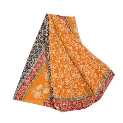 Sanskriti Vintage Sarees Yellow Pure Georgette Silk Print Sari 5yd Craft Fabric