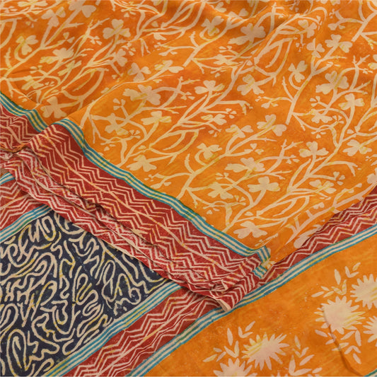 Sanskriti Vintage Sarees Yellow Pure Georgette Silk Print Sari 5yd Craft Fabric